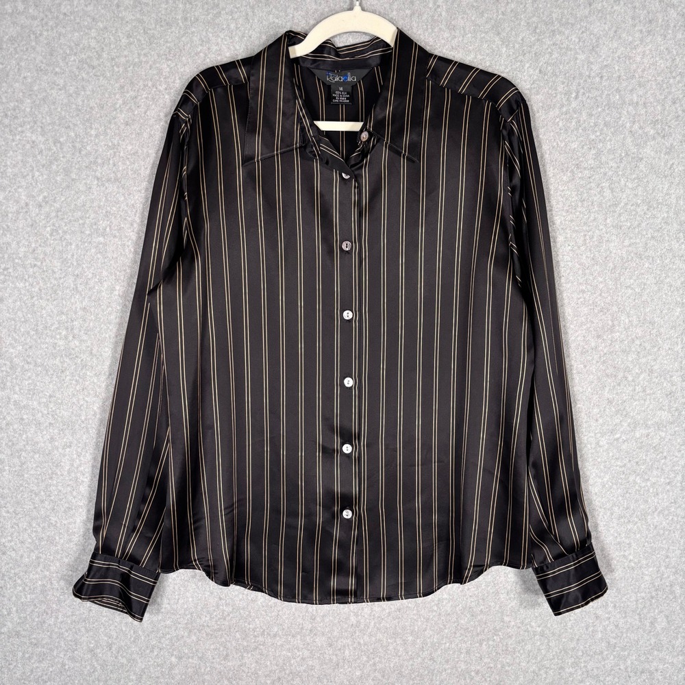 Rafaella 100% Silk Pinstripe Button Down Blouse 14 Black Gold Satin Minimalist